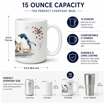 Caroline's Treasures Penguins Morning Coffee Ceramic Coffee Mug 15 oz Decorative Large C Handle Mug Cup for Tea, Cocoa Hot Chocolate