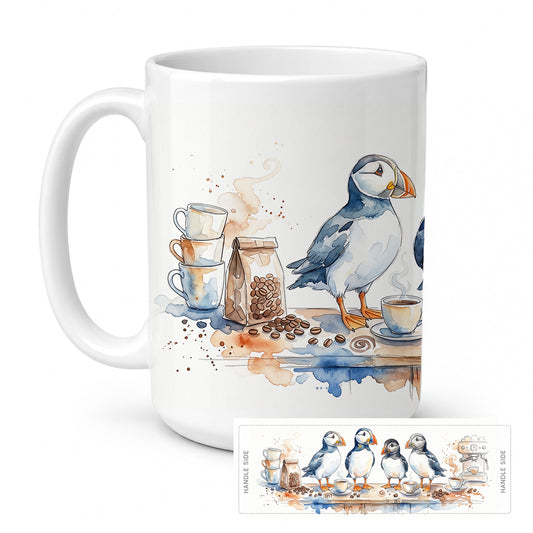 Caroline's Treasures Puffins Morning Coffee Ceramic Coffee Mug 15 oz Decorative Large C Handle Mug Cup for Tea, Cocoa Hot Chocolate