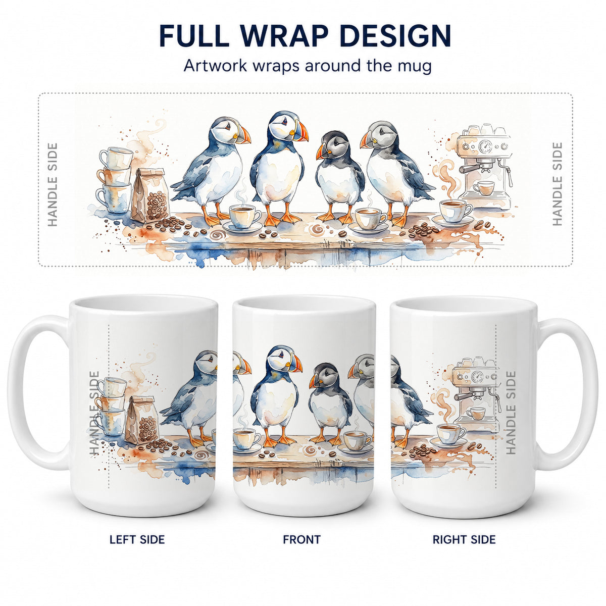 Caroline's Treasures Puffins Morning Coffee Ceramic Coffee Mug 15 oz Decorative Large C Handle Mug Cup for Tea, Cocoa Hot Chocolate