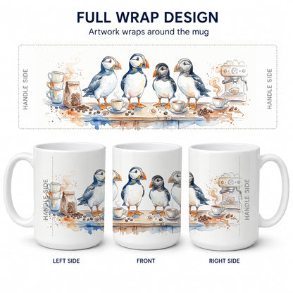Caroline's Treasures Puffins Morning Coffee Ceramic Coffee Mug 15 oz Decorative Large C Handle Mug Cup for Tea, Cocoa Hot Chocolate
