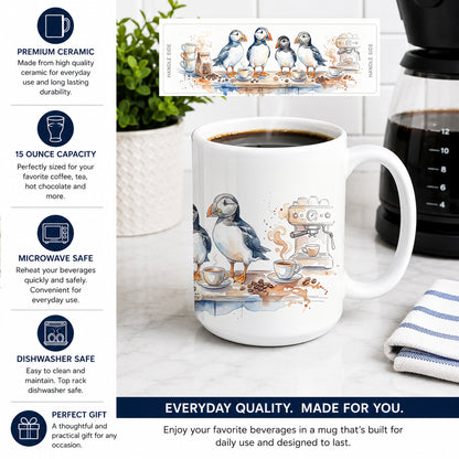 Caroline's Treasures Puffins Morning Coffee Ceramic Coffee Mug 15 oz Decorative Large C Handle Mug Cup for Tea, Cocoa Hot Chocolate