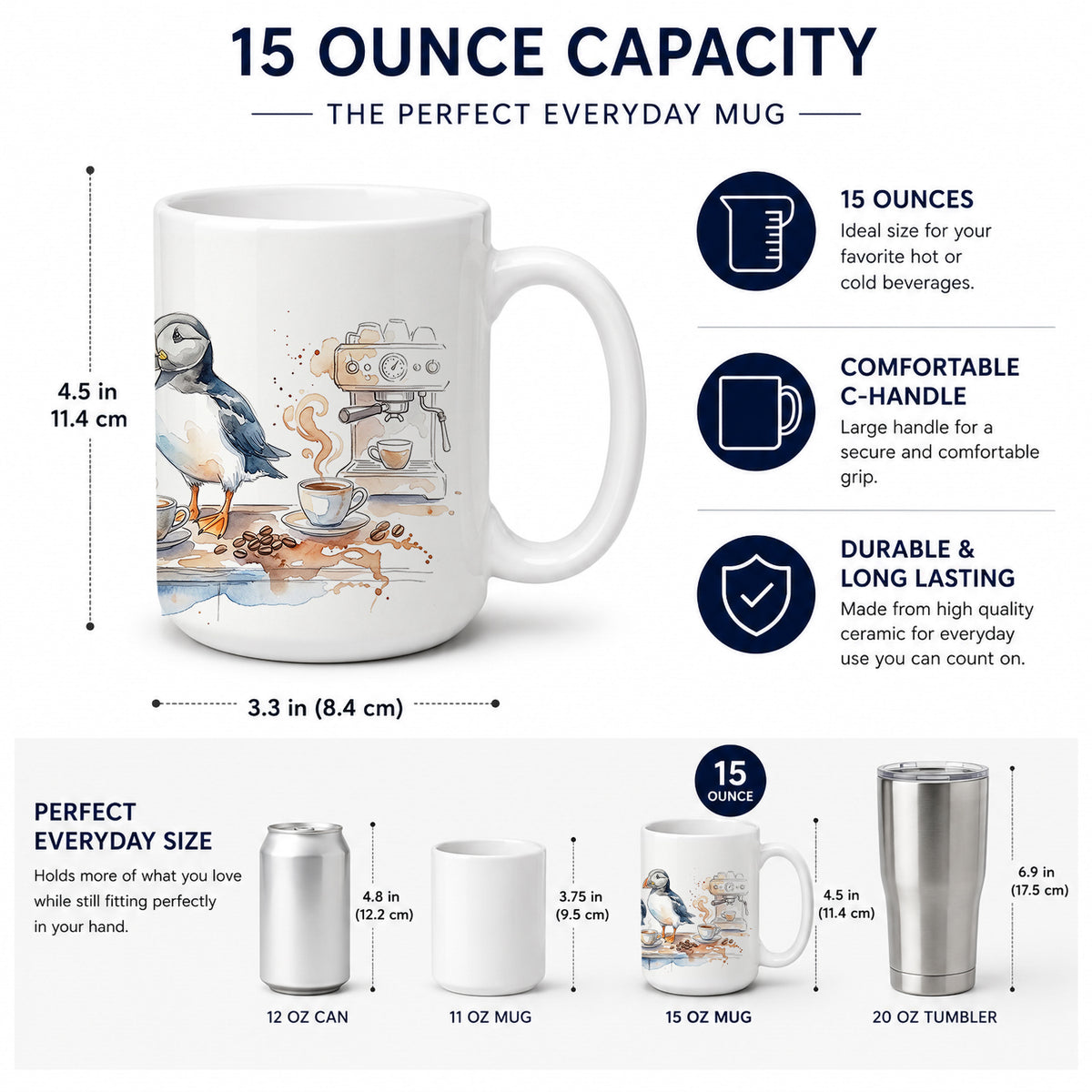 Caroline's Treasures Puffins Morning Coffee Ceramic Coffee Mug 15 oz Decorative Large C Handle Mug Cup for Tea, Cocoa Hot Chocolate