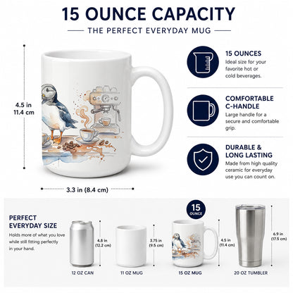 Caroline's Treasures Puffins Morning Coffee Ceramic Coffee Mug 15 oz Decorative Large C Handle Mug Cup for Tea, Cocoa Hot Chocolate