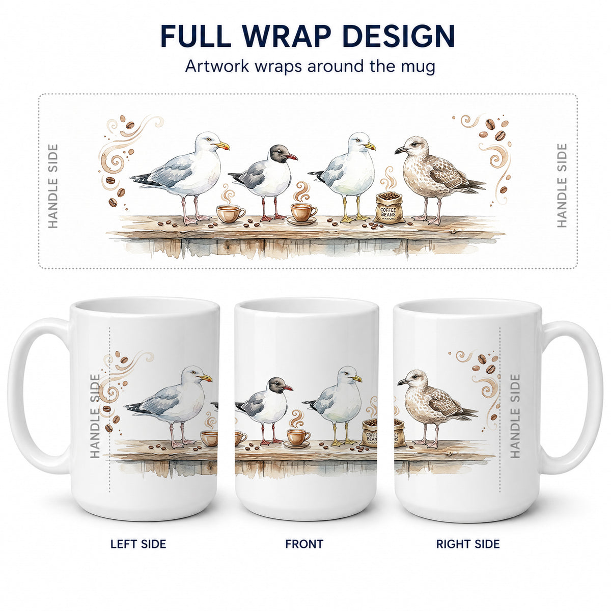 Caroline's Treasures Seagulls Morning Coffee Ceramic Coffee Mug 15 oz Decorative Large C Handle Mug Cup for Tea, Cocoa Hot Chocolate