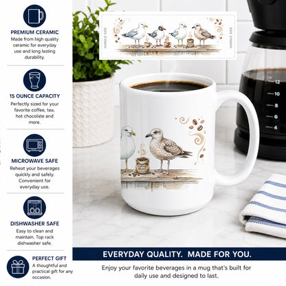 Caroline's Treasures Seagulls Morning Coffee Ceramic Coffee Mug 15 oz Decorative Large C Handle Mug Cup for Tea, Cocoa Hot Chocolate