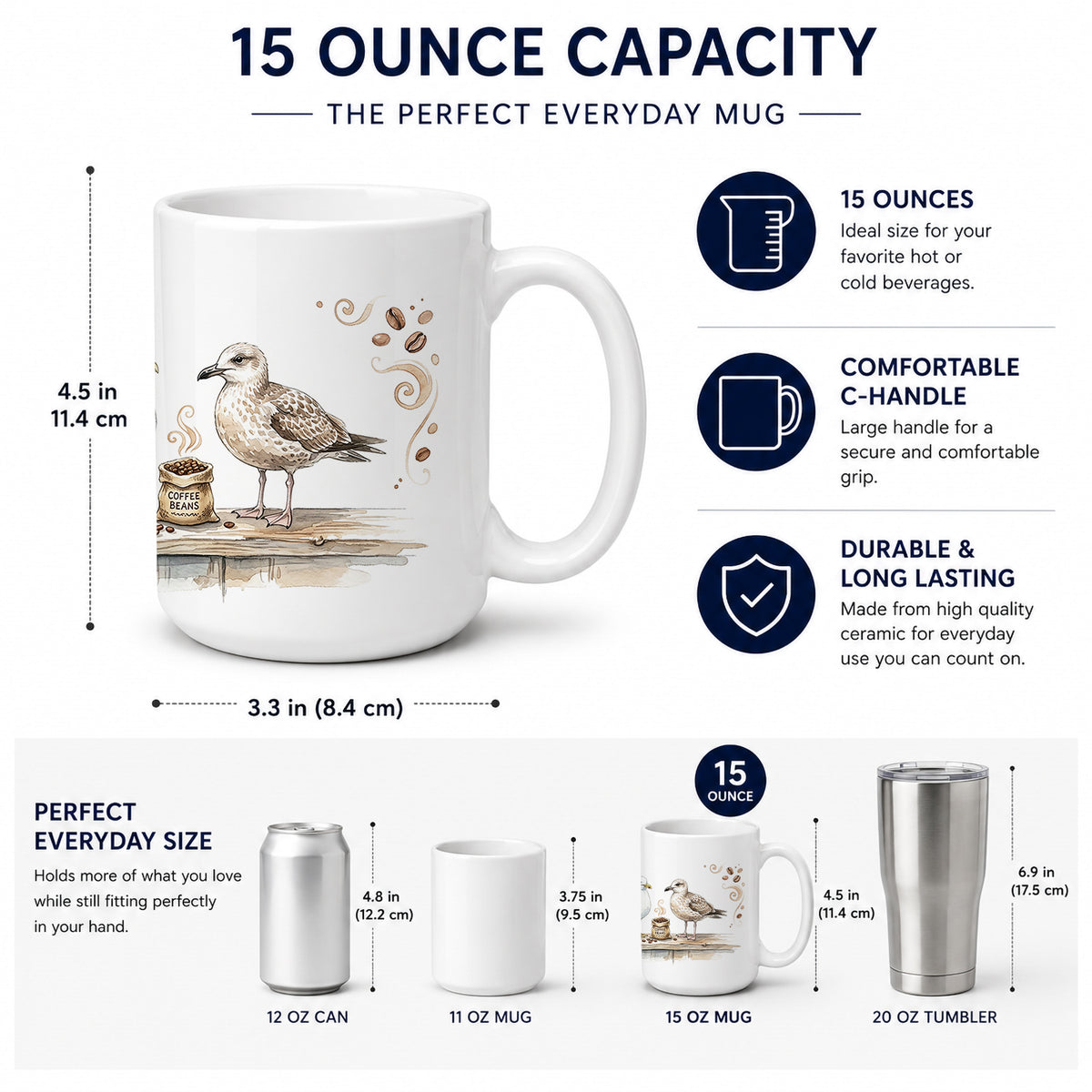 Caroline's Treasures Seagulls Morning Coffee Ceramic Coffee Mug 15 oz Decorative Large C Handle Mug Cup for Tea, Cocoa Hot Chocolate