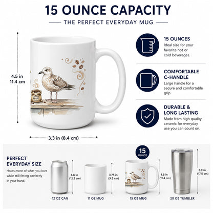 Caroline's Treasures Seagulls Morning Coffee Ceramic Coffee Mug 15 oz Decorative Large C Handle Mug Cup for Tea, Cocoa Hot Chocolate