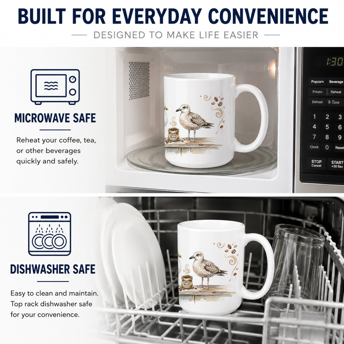 Caroline's Treasures Seagulls Morning Coffee Ceramic Coffee Mug 15 oz Decorative Large C Handle Mug Cup for Tea, Cocoa Hot Chocolate