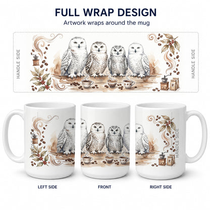 Caroline's Treasures Snowy Owls Morning Coffee Ceramic Coffee Mug 15 oz Decorative Large C Handle Mug Cup for Tea, Cocoa Hot Chocolate