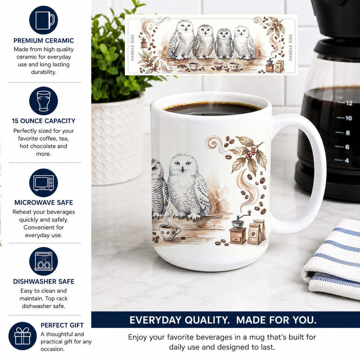 Caroline's Treasures Snowy Owls Morning Coffee Ceramic Coffee Mug 15 oz Decorative Large C Handle Mug Cup for Tea, Cocoa Hot Chocolate