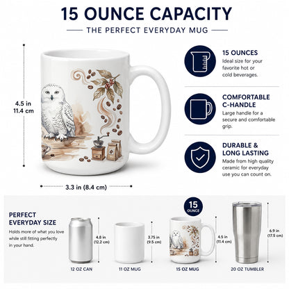 Caroline's Treasures Snowy Owls Morning Coffee Ceramic Coffee Mug 15 oz Decorative Large C Handle Mug Cup for Tea, Cocoa Hot Chocolate