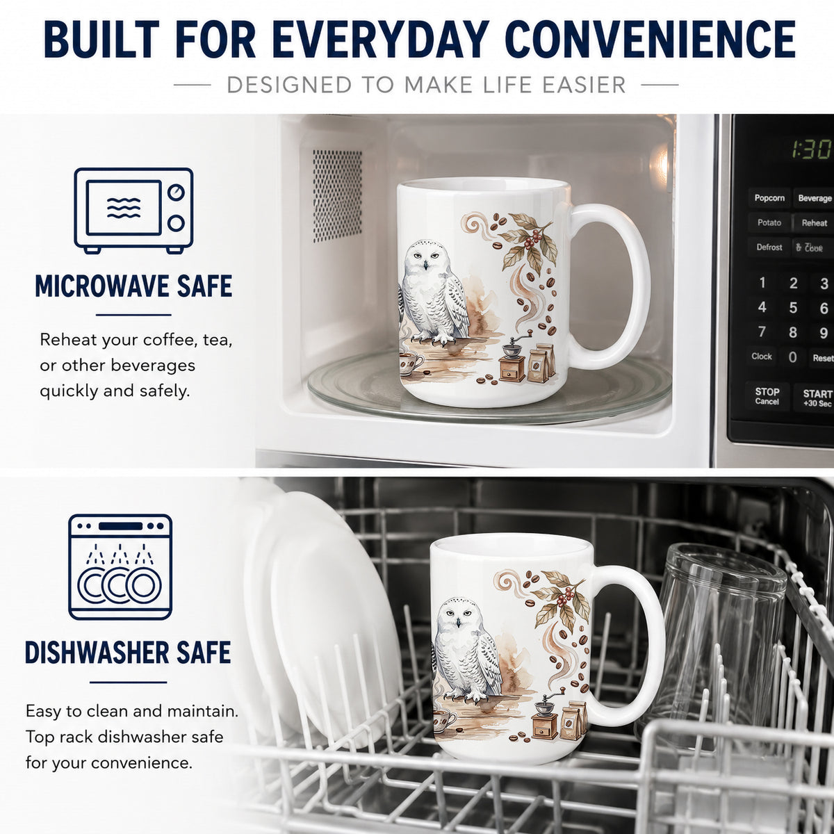 Caroline's Treasures Snowy Owls Morning Coffee Ceramic Coffee Mug 15 oz Decorative Large C Handle Mug Cup for Tea, Cocoa Hot Chocolate