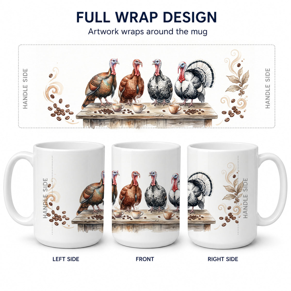 Caroline's Treasures Turkeys Morning Coffee Ceramic Coffee Mug 15 oz Decorative Large C Handle Mug Cup for Tea, Cocoa Hot Chocolate