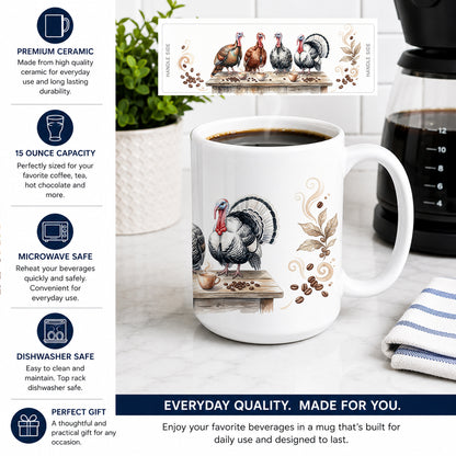 Caroline's Treasures Turkeys Morning Coffee Ceramic Coffee Mug 15 oz Decorative Large C Handle Mug Cup for Tea, Cocoa Hot Chocolate