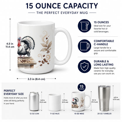 Caroline's Treasures Turkeys Morning Coffee Ceramic Coffee Mug 15 oz Decorative Large C Handle Mug Cup for Tea, Cocoa Hot Chocolate