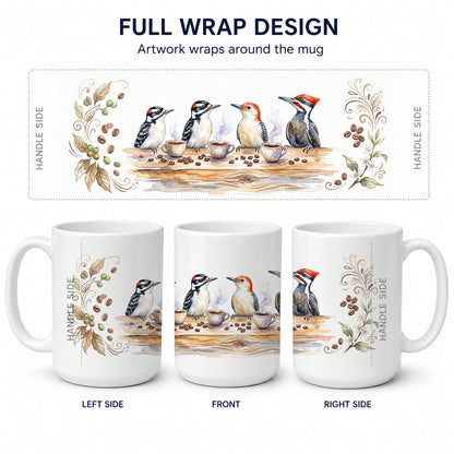 Caroline's Treasures Woodpeckers Morning Coffee Ceramic Coffee Mug 15 oz Decorative Large C Handle Mug Cup for Tea, Cocoa Hot Chocolate