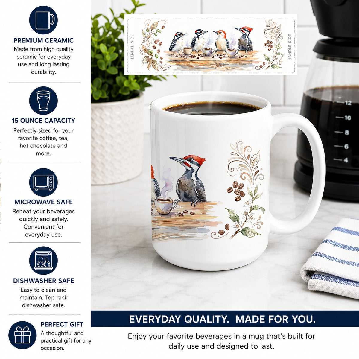 Caroline's Treasures Woodpeckers Morning Coffee Ceramic Coffee Mug 15 oz Decorative Large C Handle Mug Cup for Tea, Cocoa Hot Chocolate
