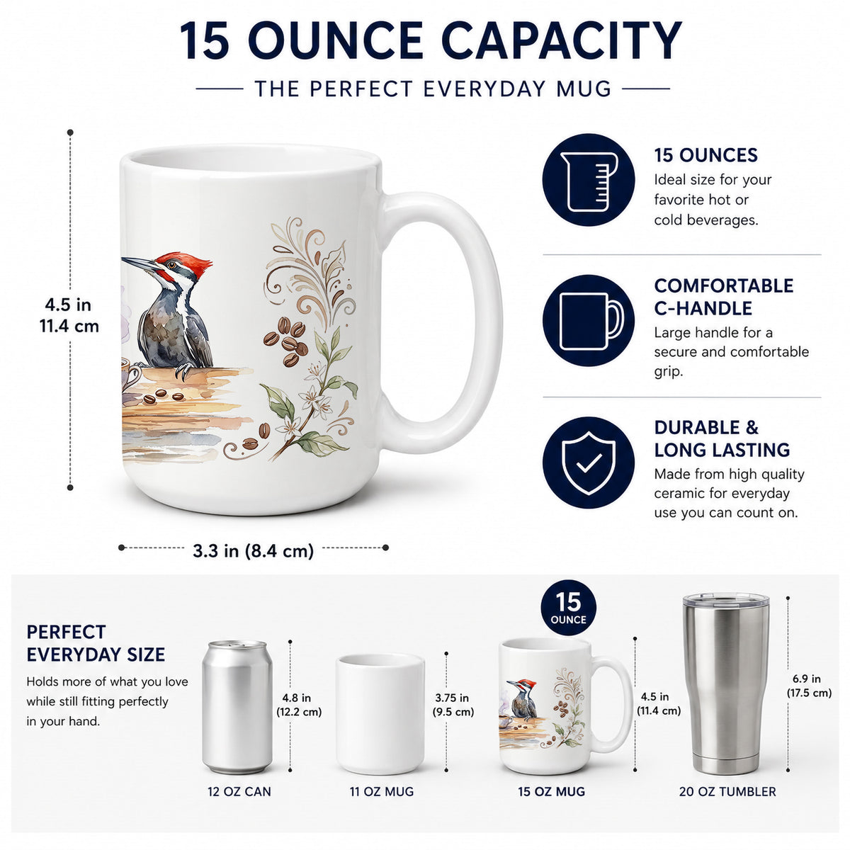 Caroline's Treasures Woodpeckers Morning Coffee Ceramic Coffee Mug 15 oz Decorative Large C Handle Mug Cup for Tea, Cocoa Hot Chocolate