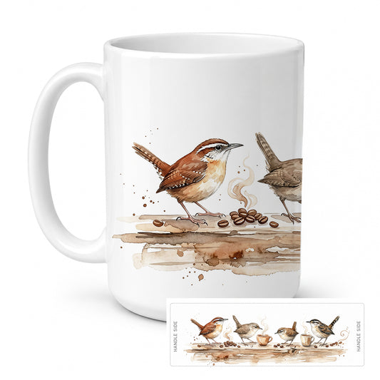 Caroline's Treasures Wrens Morning Coffee Ceramic Coffee Mug 15 oz Decorative Large C Handle Mug Cup for Tea, Cocoa Hot Chocolate