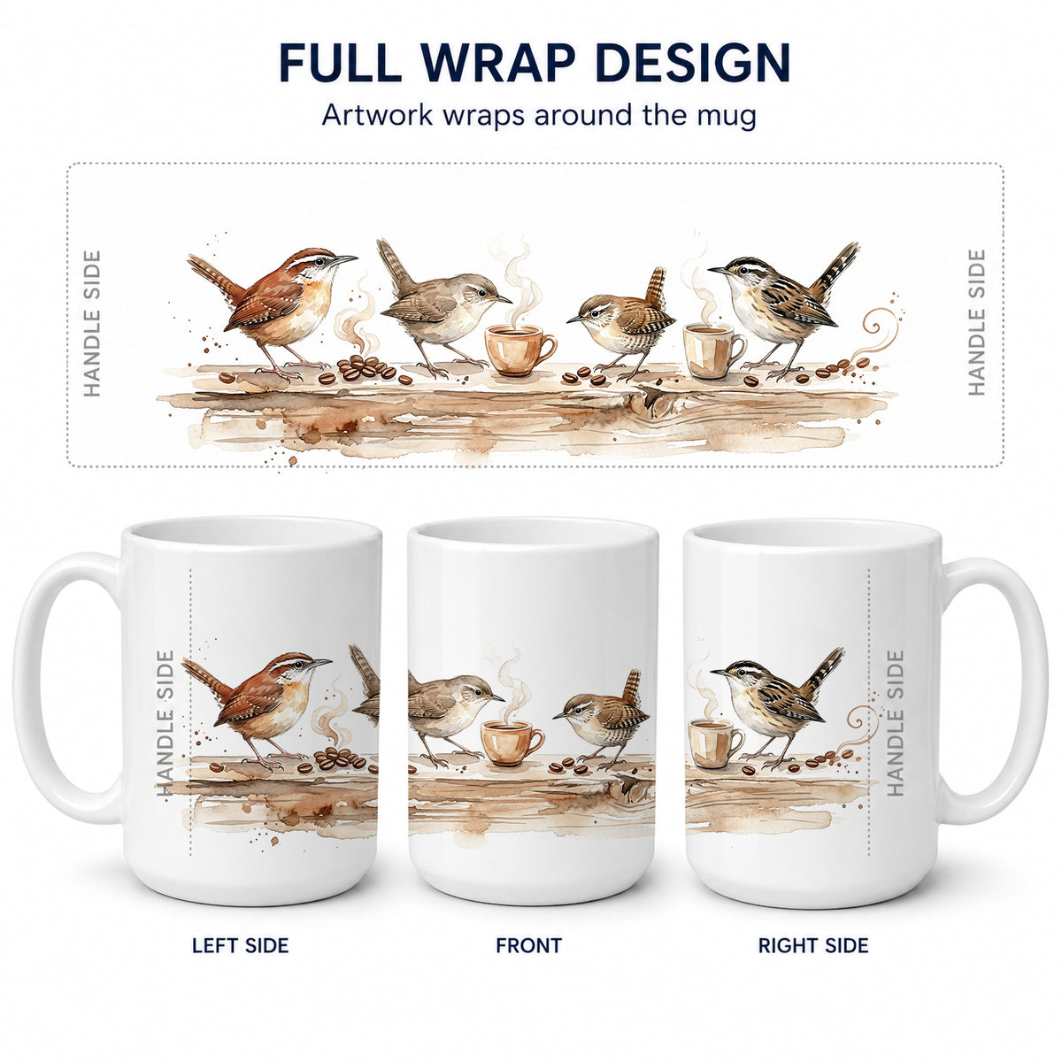 Caroline's Treasures Wrens Morning Coffee Ceramic Coffee Mug 15 oz Decorative Large C Handle Mug Cup for Tea, Cocoa Hot Chocolate