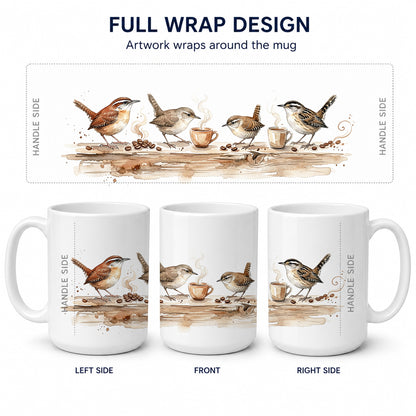 Caroline's Treasures Wrens Morning Coffee Ceramic Coffee Mug 15 oz Decorative Large C Handle Mug Cup for Tea, Cocoa Hot Chocolate