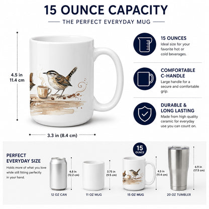 Caroline's Treasures Wrens Morning Coffee Ceramic Coffee Mug 15 oz Decorative Large C Handle Mug Cup for Tea, Cocoa Hot Chocolate
