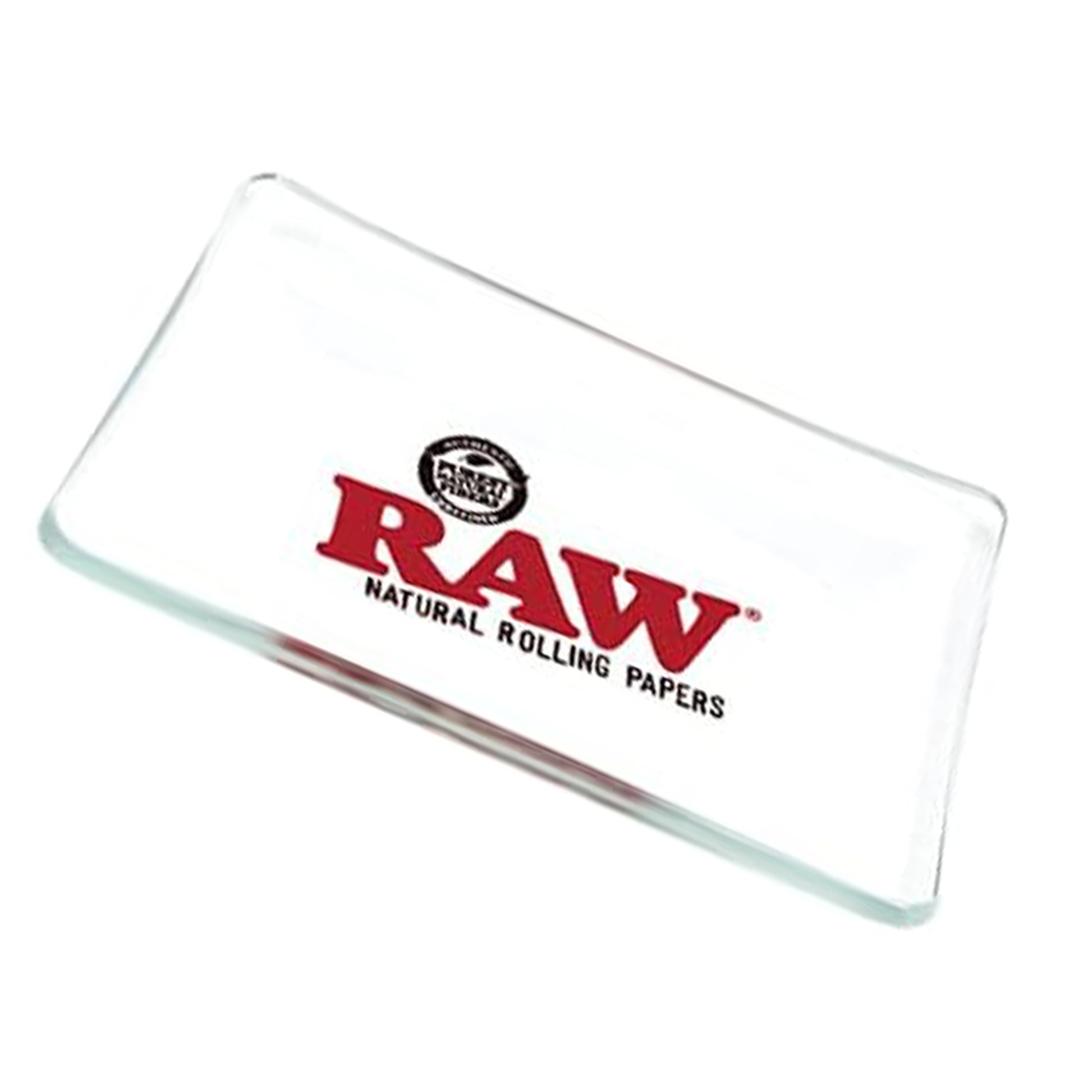 RAW Mini Glass Tray – Clear heat-resistant glass tray with red RAW logo, 6x4 inches