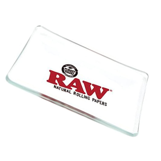 RAW Mini Glass Tray – Clear heat-resistant glass tray with red RAW logo, 6x4 inches