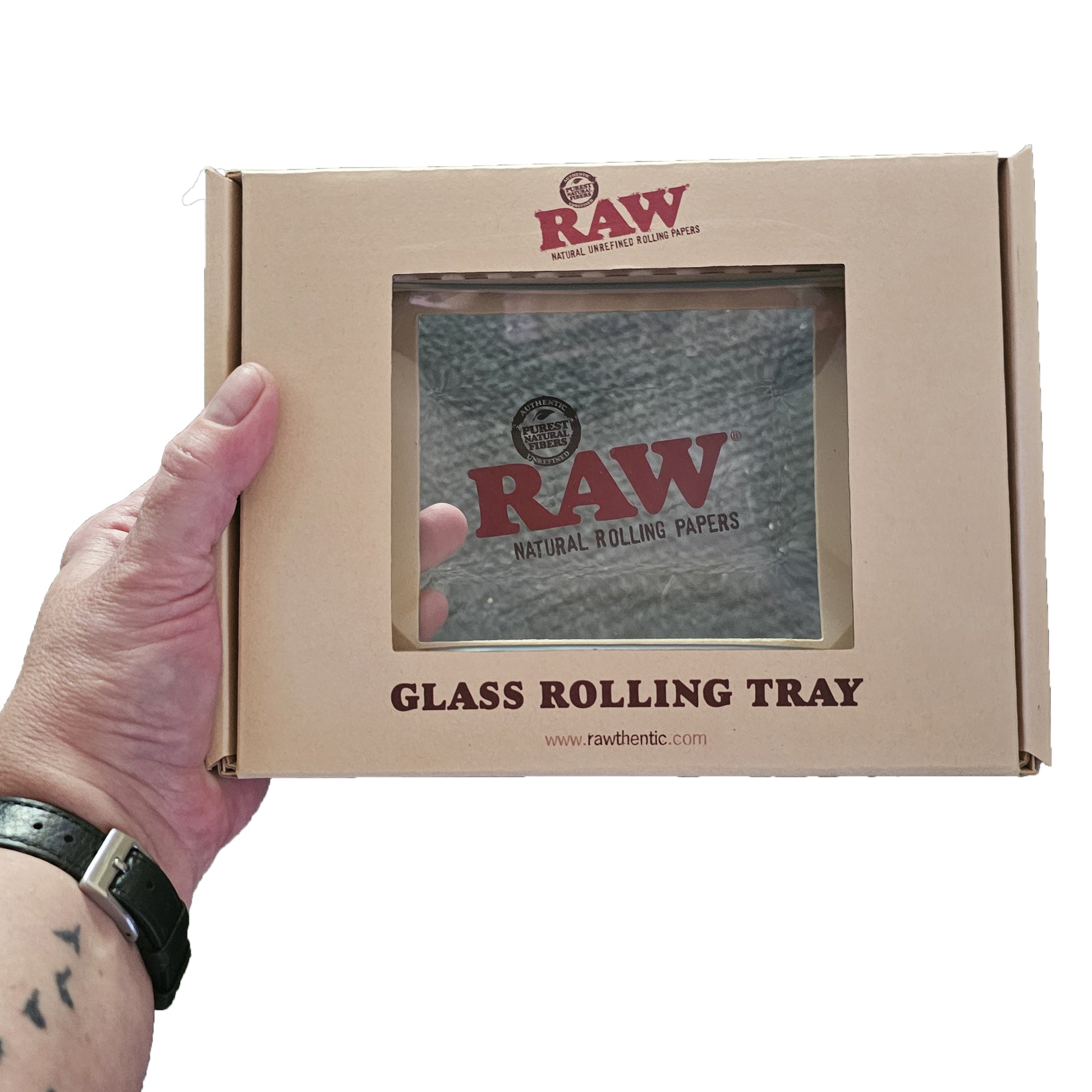 RAW Mini Glass Tray – Clear heat-resistant glass tray with red RAW logo, 6x4 inches