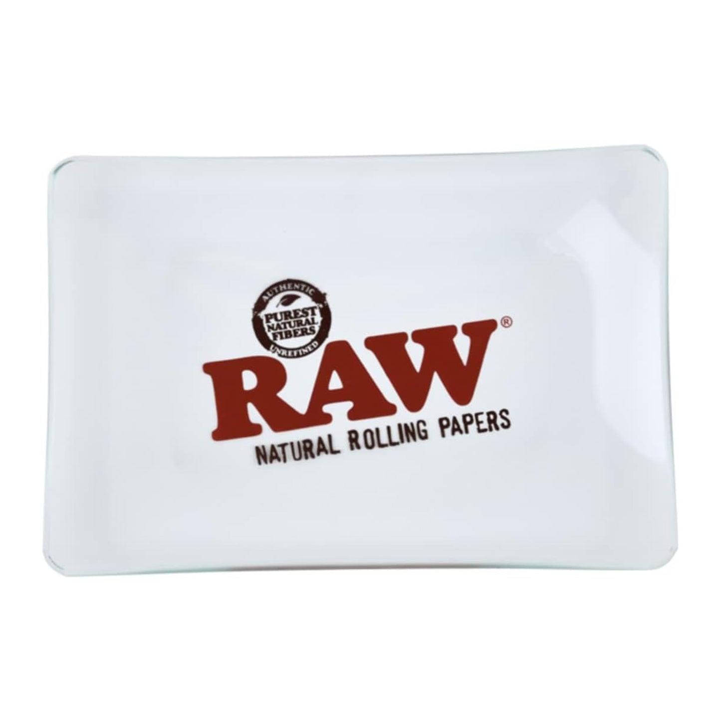 RAW Mini Glass Tray – Clear heat-resistant glass tray with red RAW logo, 6x4 inches
