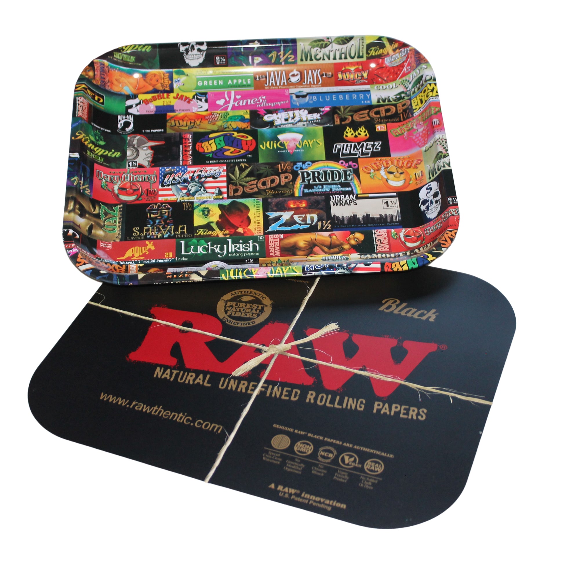 RAW Large History Tray with Black Magnetic Lid – 14x11x1.25 inches, metal tray with illustrated rolling paper timeline