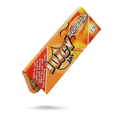 Juicy Jay’s Peaches & Cream 1¼ Rolling Papers 24pk – Flavored rolling paper box with peach-themed design