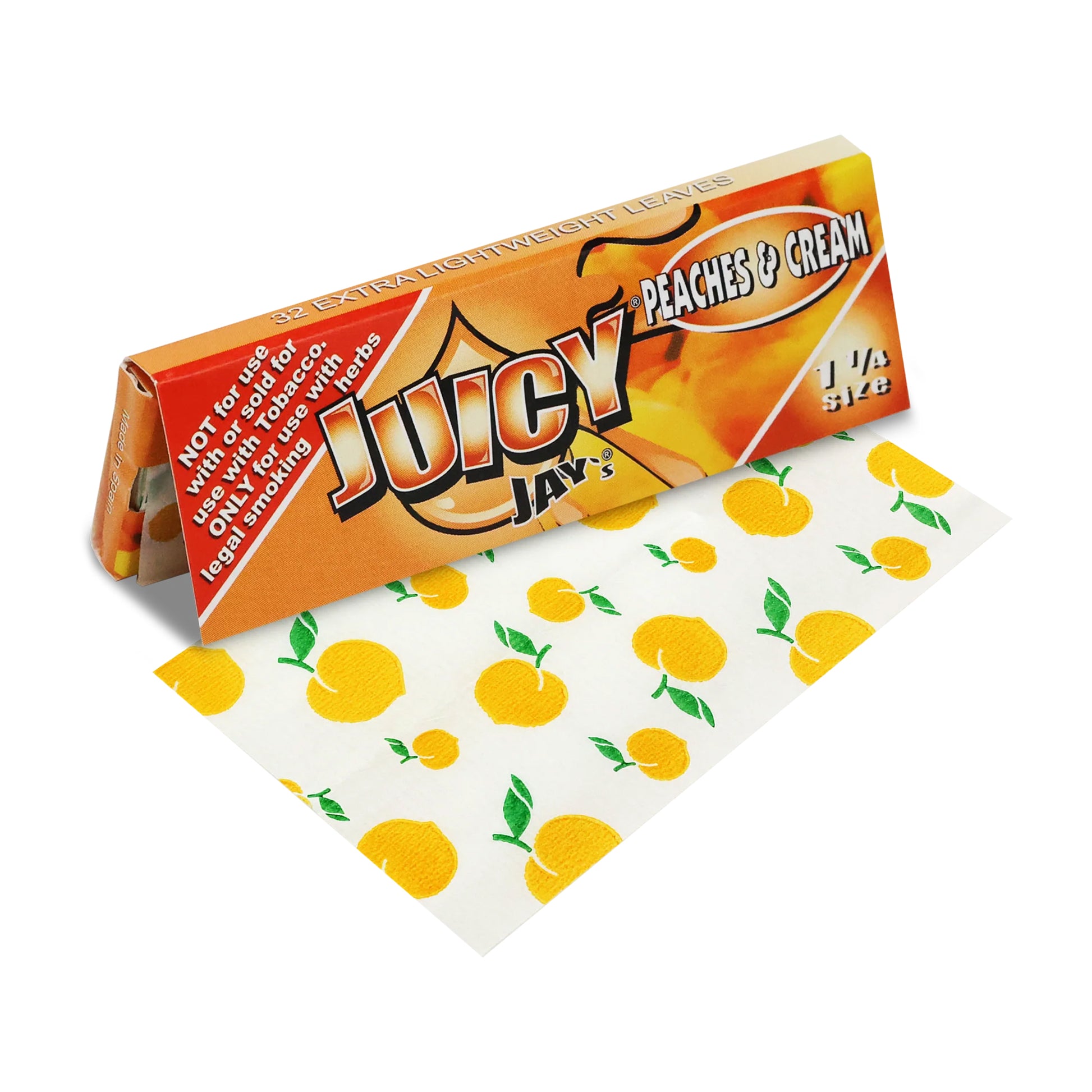 Juicy Jay’s Peaches & Cream 1¼ Rolling Papers 24pk – Flavored rolling paper box with peach-themed design