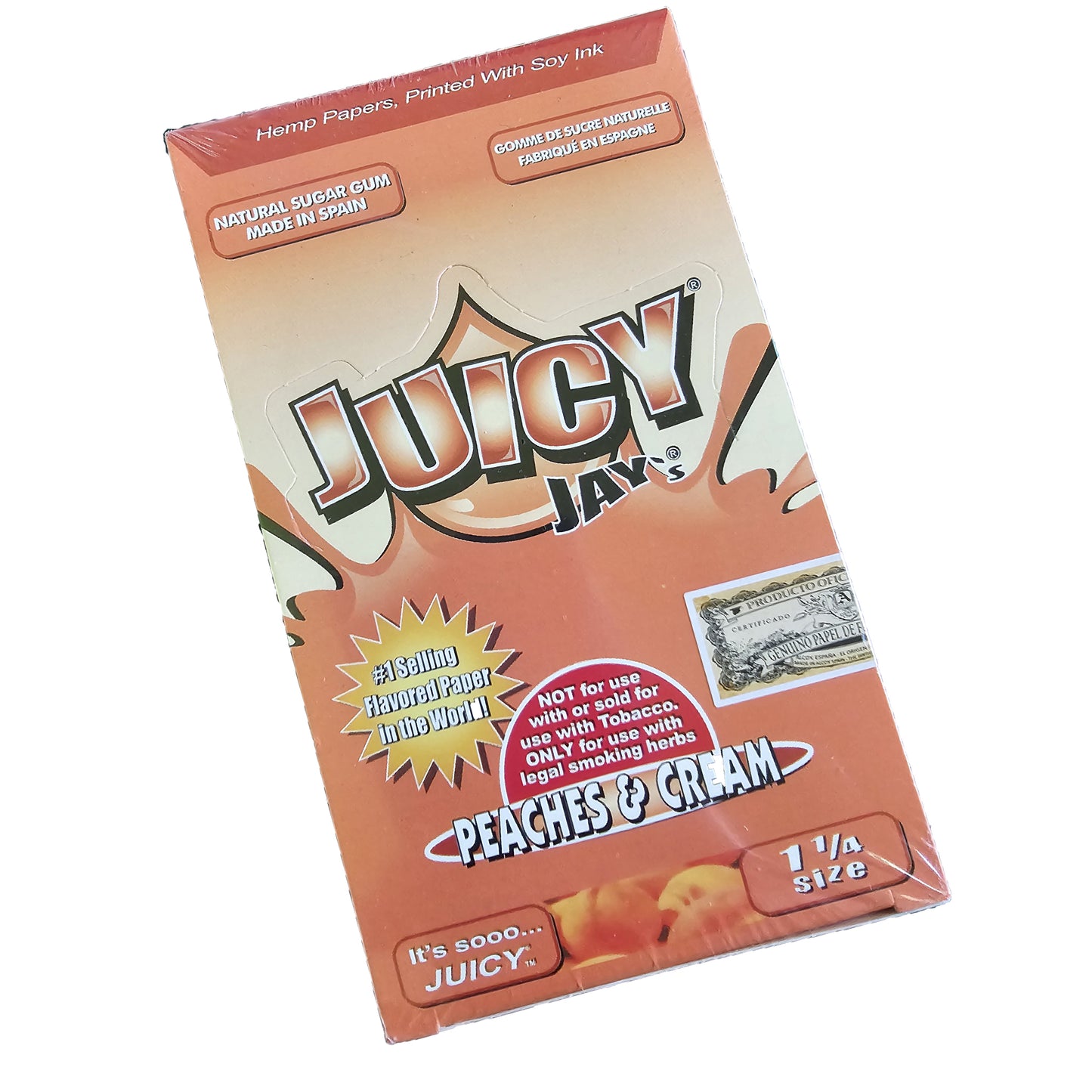 Juicy Jay’s Peaches & Cream 1¼ Rolling Papers 24pk – Flavored rolling paper box with peach-themed design