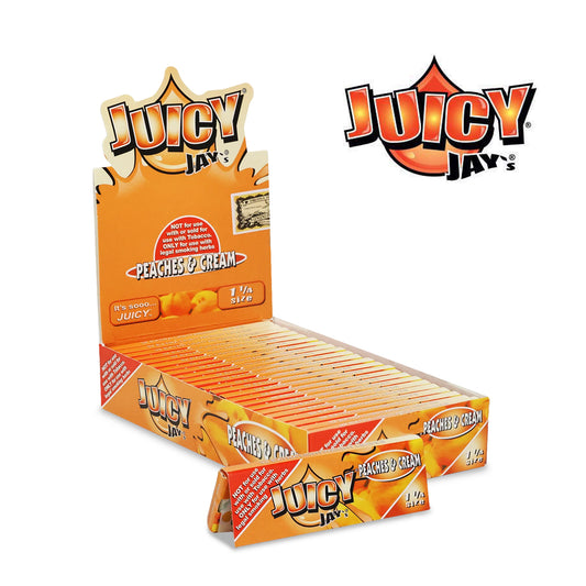 Juicy Jay’s Peaches & Cream 1¼ Rolling Papers 24pk – Flavored rolling paper box with peach-themed design