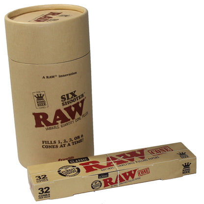 RAW King Size Six Shooter and 32 Pre-Rolled Cones – Fast, clean, and easy cone filling bundle