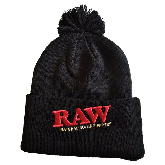 Black RAW Pom Pom Beanie with embroidered logo and top pompom