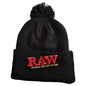 Black RAW Pom Pom Beanie with embroidered logo and top pompom