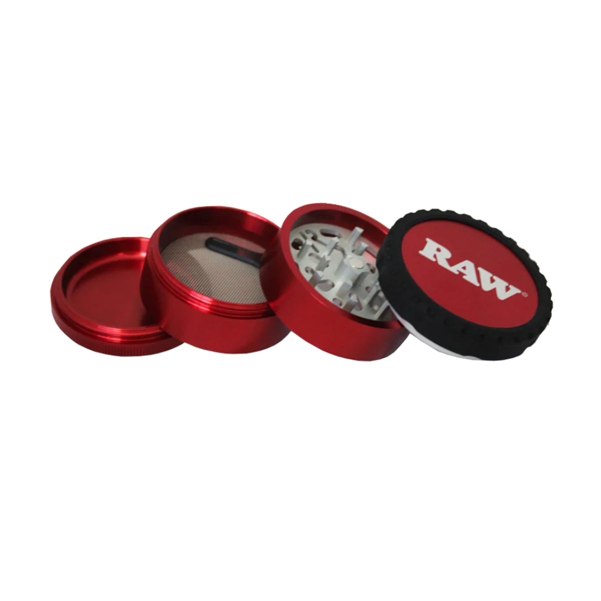 RAW Life Grinder – Red 4-piece modular grinder with rubberized grip and large catch basin