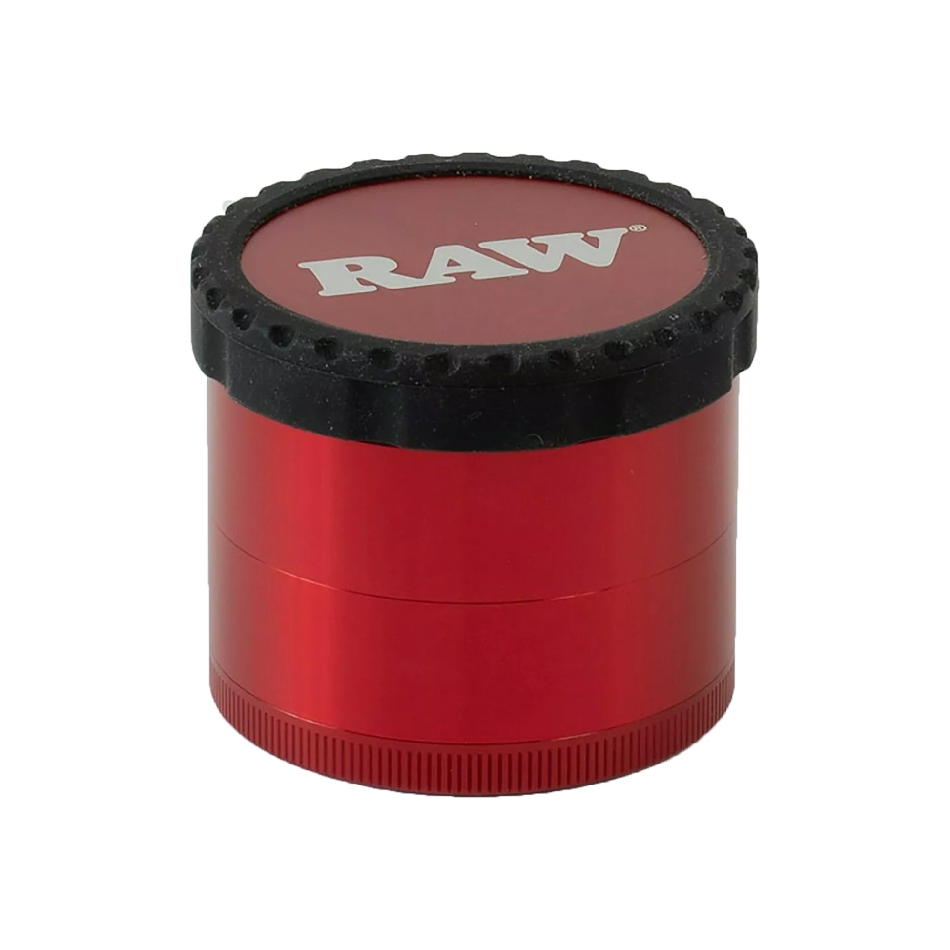RAW Life Grinder – Red 4-piece modular grinder with rubberized grip and large catch basin