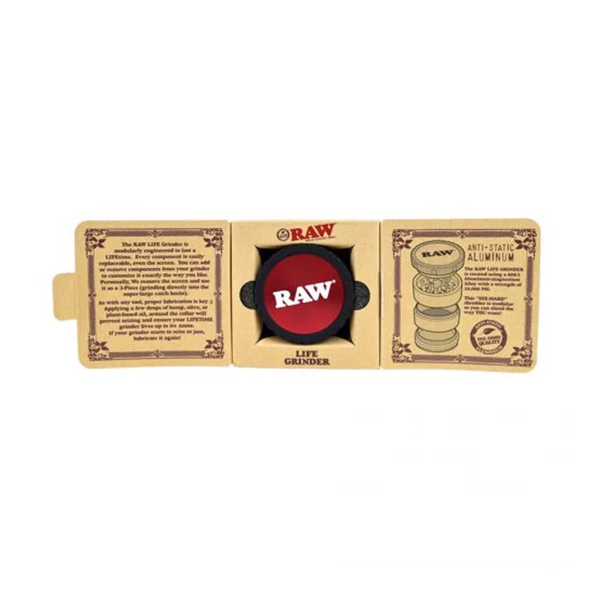 RAW Life Grinder – Red 4-piece modular grinder with rubberized grip and large catch basin