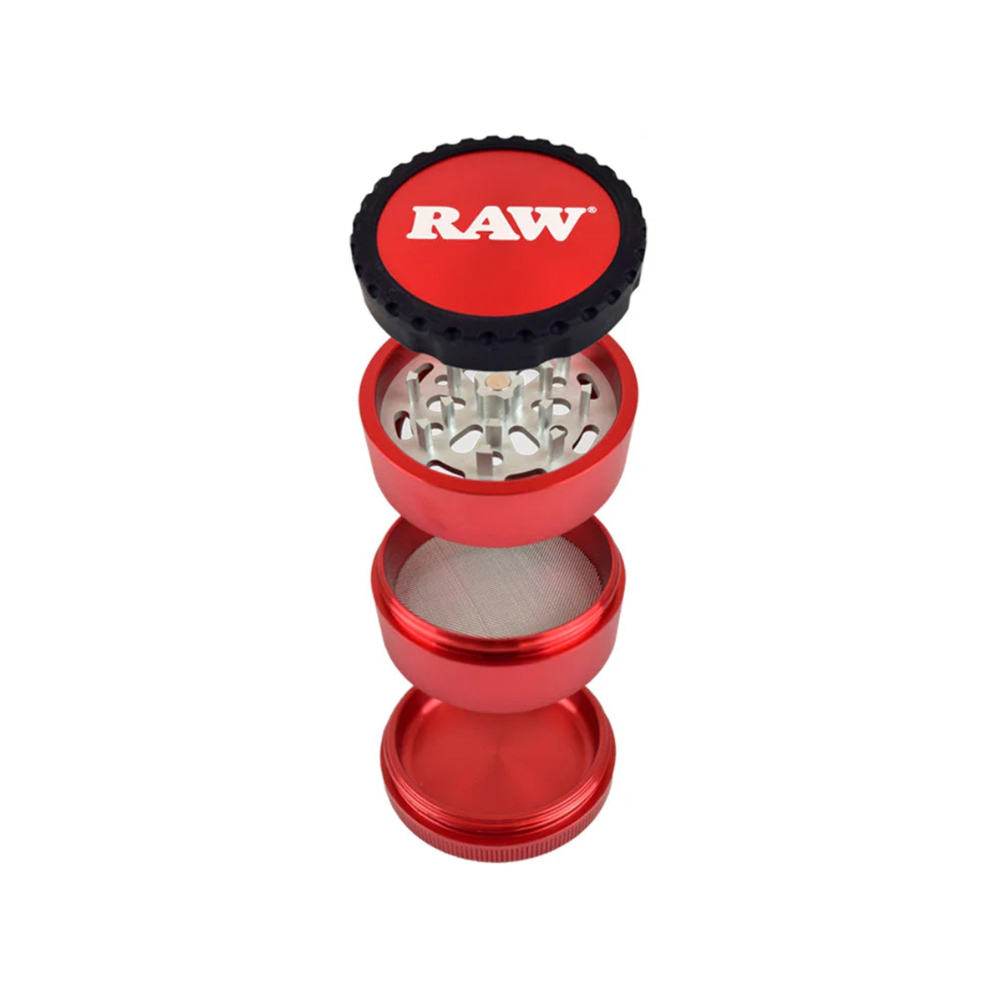 RAW Life Grinder – Red 4-piece modular grinder with rubberized grip and large catch basin