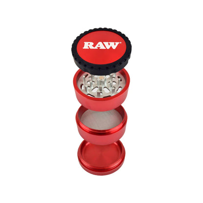 RAW Life Grinder – Red 4-piece modular grinder with rubberized grip and large catch basin