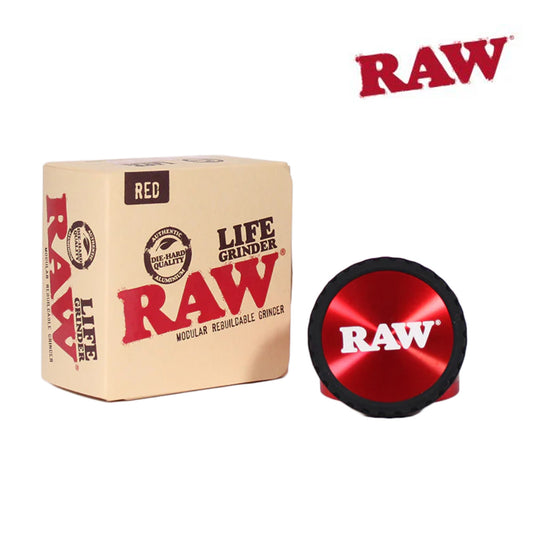 RAW Life Grinder – Red 4-piece modular grinder with rubberized grip and large catch basin
