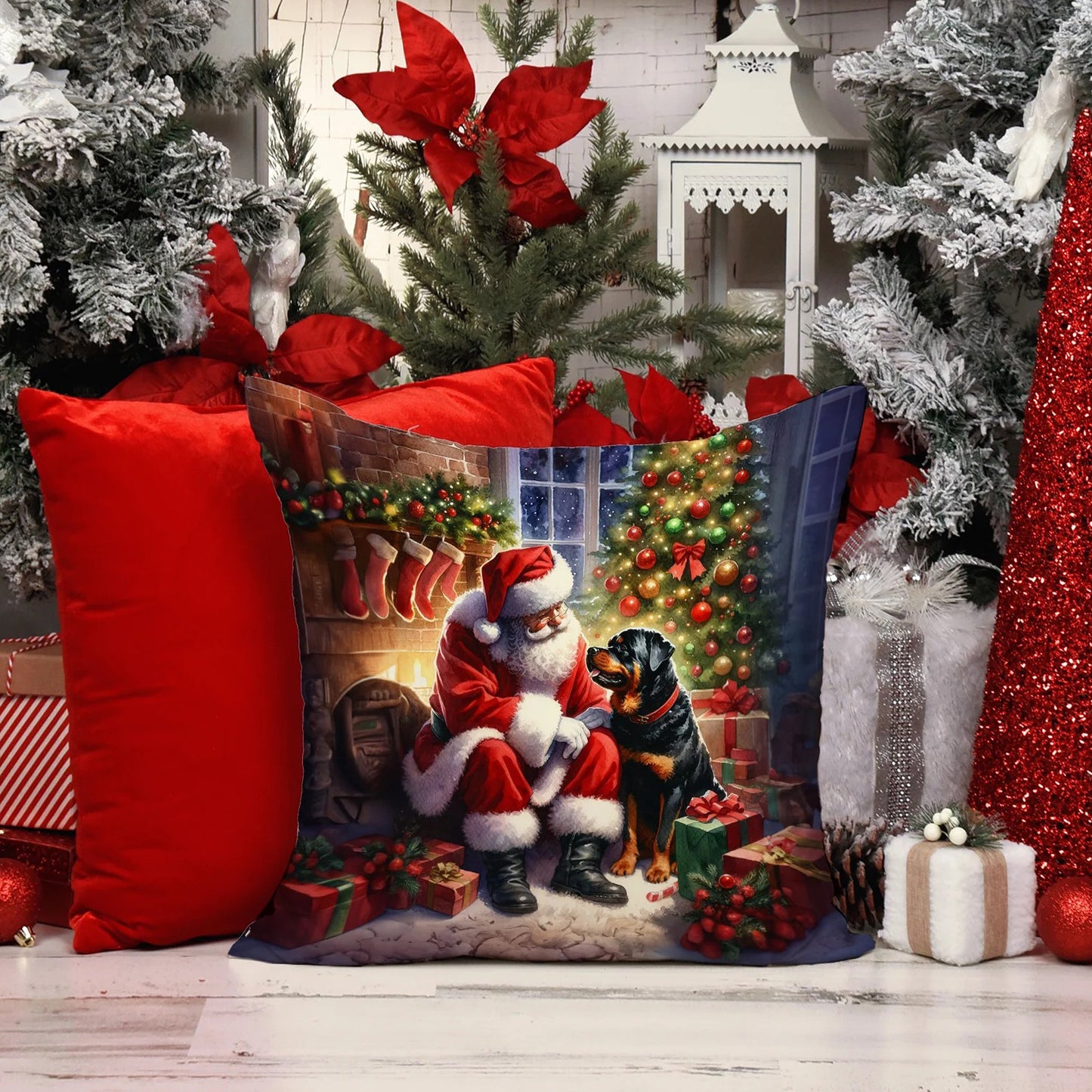Caroline’s Treasures Rottweiler and Santa 14” x 14” Throw Pillow