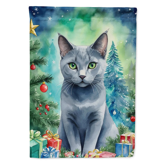 Caroline's Treasures Decorative Russian Blue Cat by the Christmas Tree Garden Flag