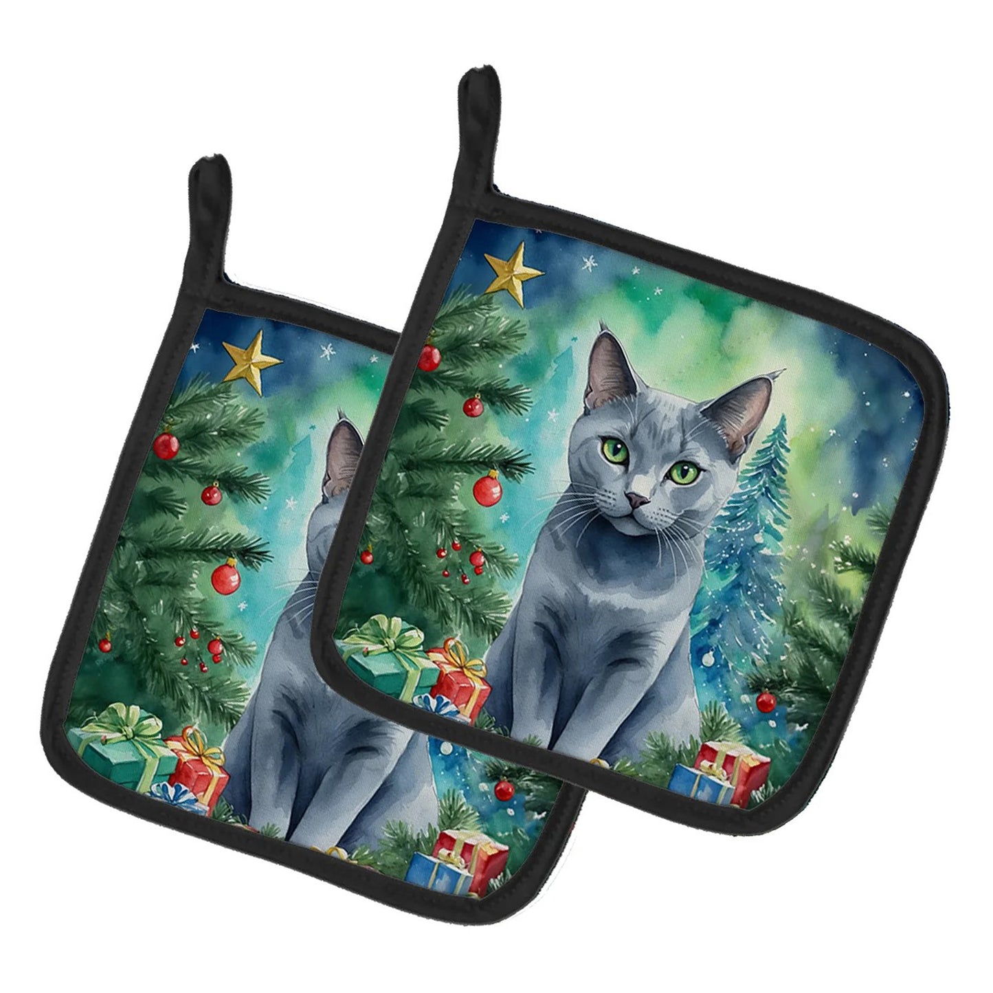 Caroline's Treasures Decorative Russian Blue Cat by the Christmas Tree Pot Holders