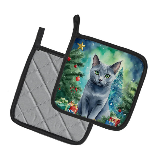 Caroline's Treasures Decorative Russian Blue Cat by the Christmas Tree Pot Holders