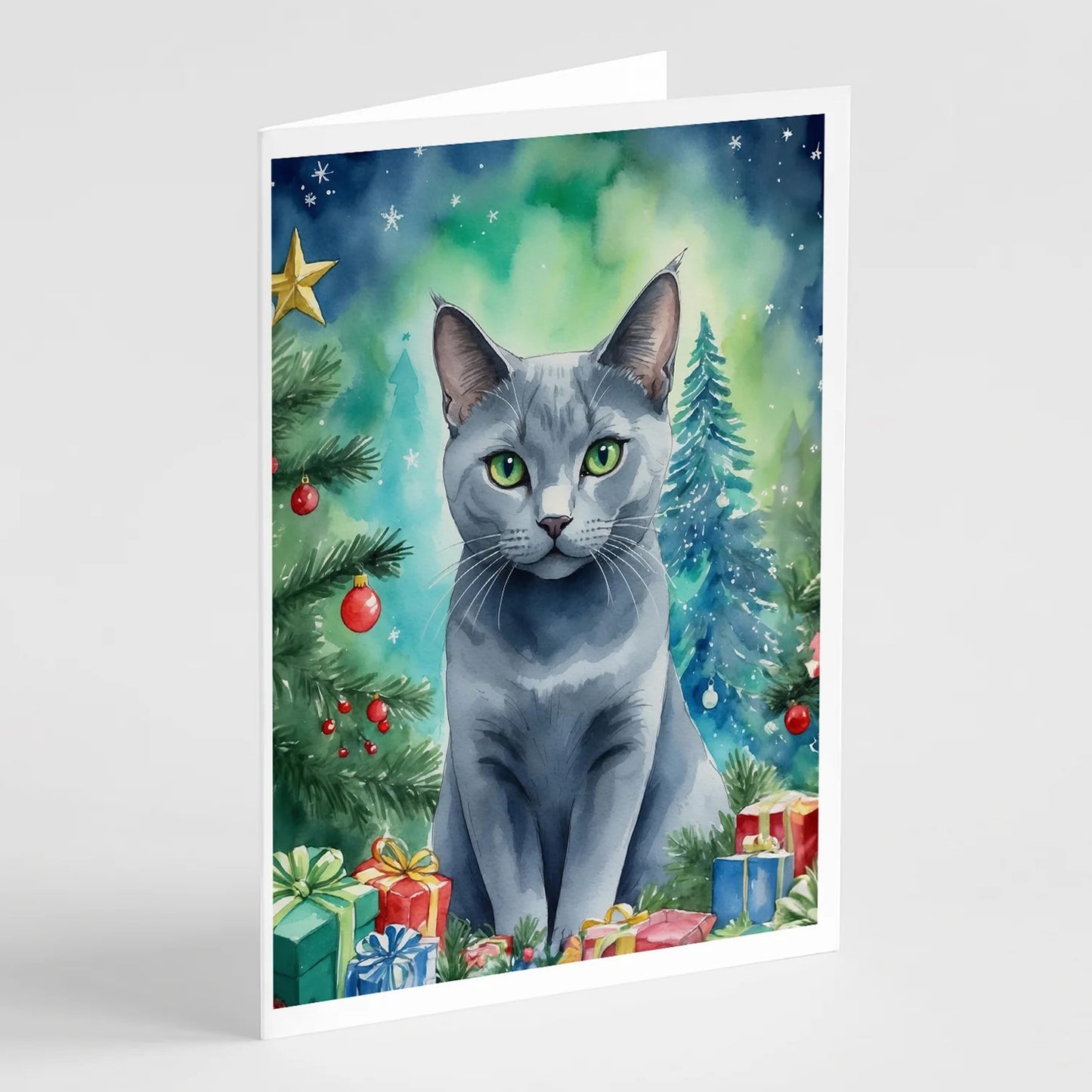 Caroline's Treasures Russian Blue Cat by the Christmas Tree Greeting Cards -8 Pack