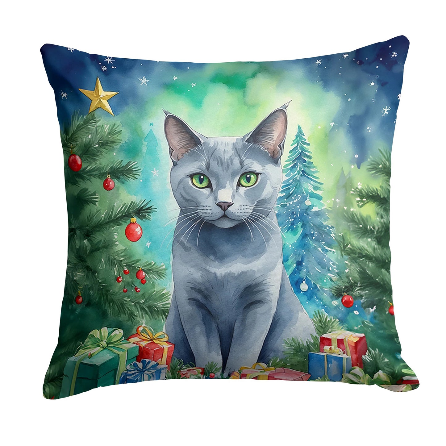Caroline’s Treasures Russian Blue Cat by the Christmas Tree 14” x 14” Throw Pillow